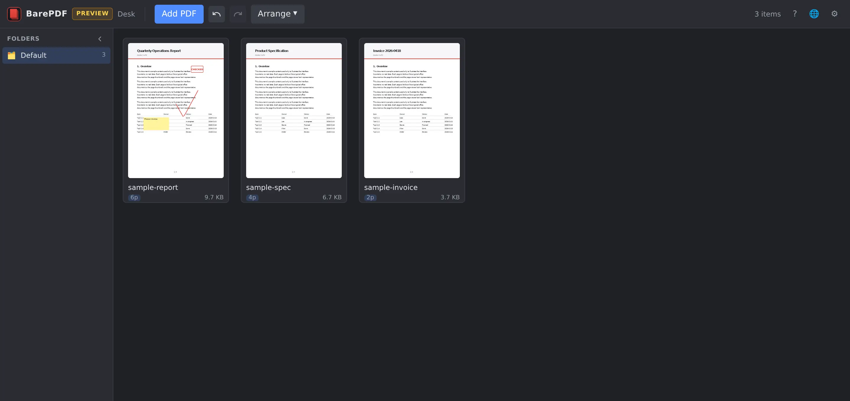 The BarePDF Desk — PDF files as cards, with annotations